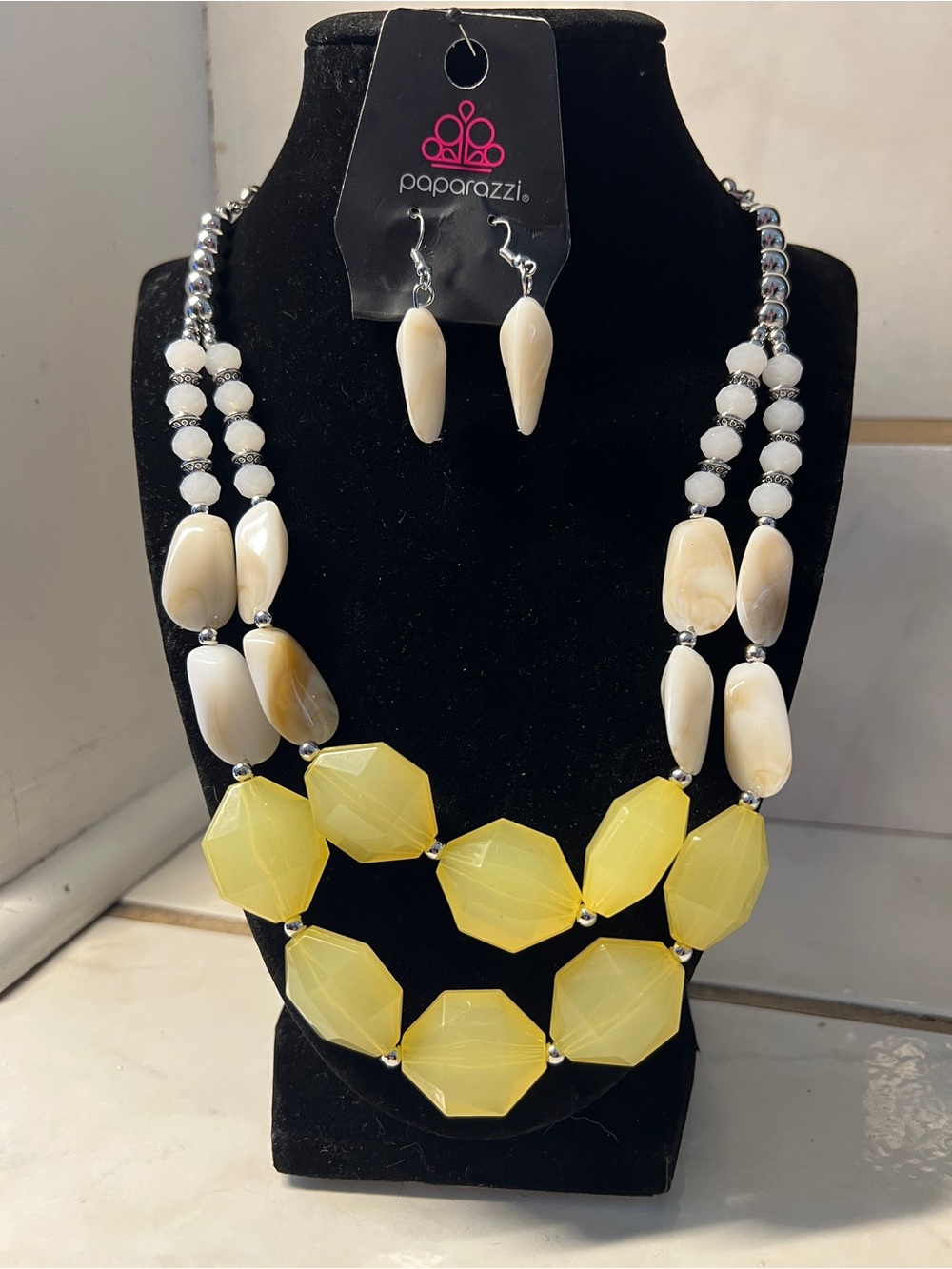 Paparazzi Yellow and Cream Multi-Strand Statement Necklace with Earrings
